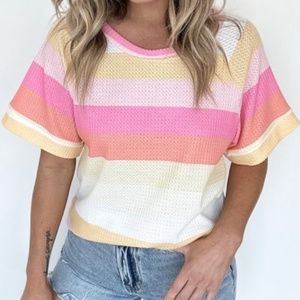 Bombom SZ S sorbet multi-stripe waffle knit short sleeve top